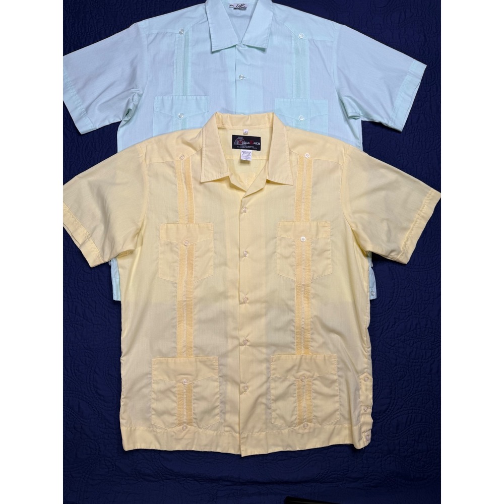 Lot of 2 Vintage Guayabera Shirts Mens 42 XL Yellow Mint Green Mexican Wedding